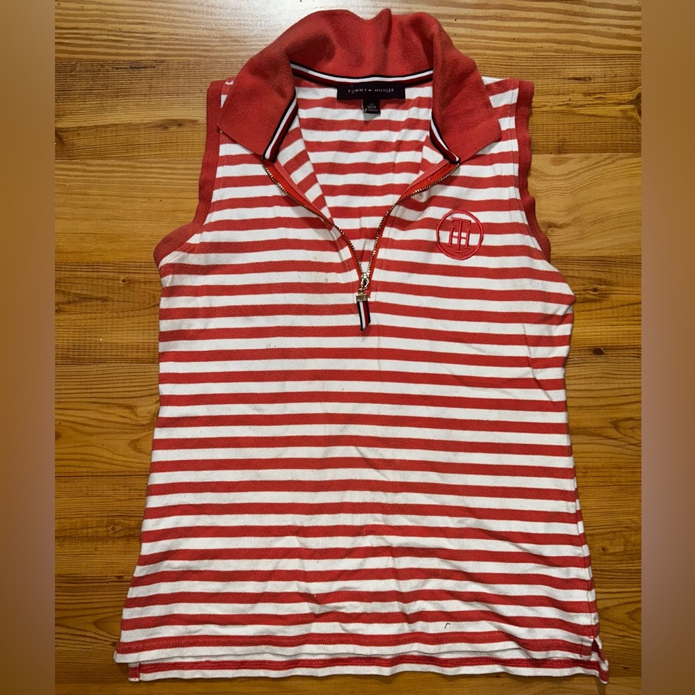 Tommy Hilfiger Red and White Striped Zip Polo